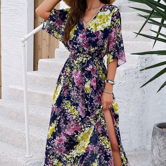 Blue Printed Half Slit Dress - Picture 10 of 11